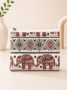 Thai Elephant Print Canvas Coin Pouch Zipper Wallet Handmade Brown White